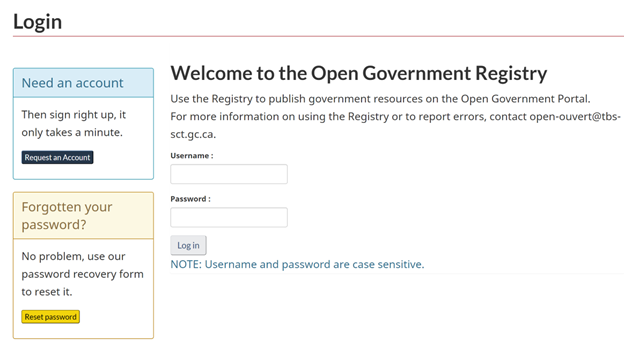 Screenshot of the Open Government Registry login page.
