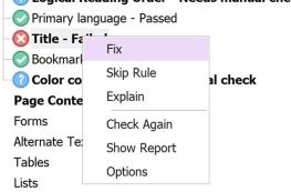 Screenshot of the Accessibility Check panel with errors listed. An error is selected and, in a drop-down menu, Fix is selected.