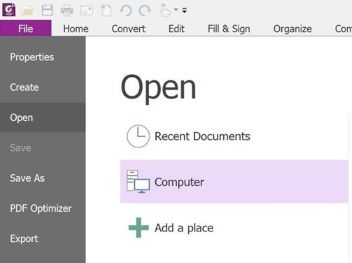 Screenshot of the File tab and drop-down menu in Foxit PhantomPDF. Open is selected in the menu.