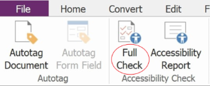 Screenshot of the File tab. In the Accessibility Check group, Full Check is circled.