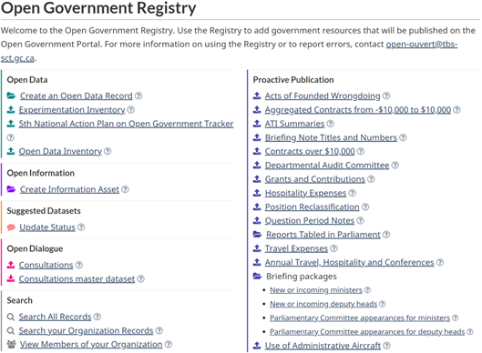 Screenshot of the Open Government Registry home page.