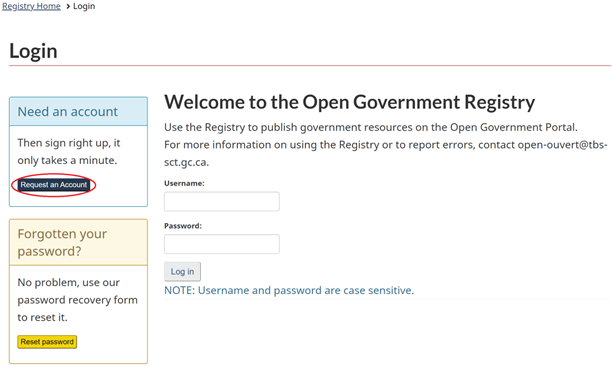 Screenshot of the Open Government Registry login page. The Request an Account button is circled.