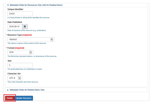 Screenshot of Metadata Fields for Resources Only (Not for Related Items). The Delete button is framed.