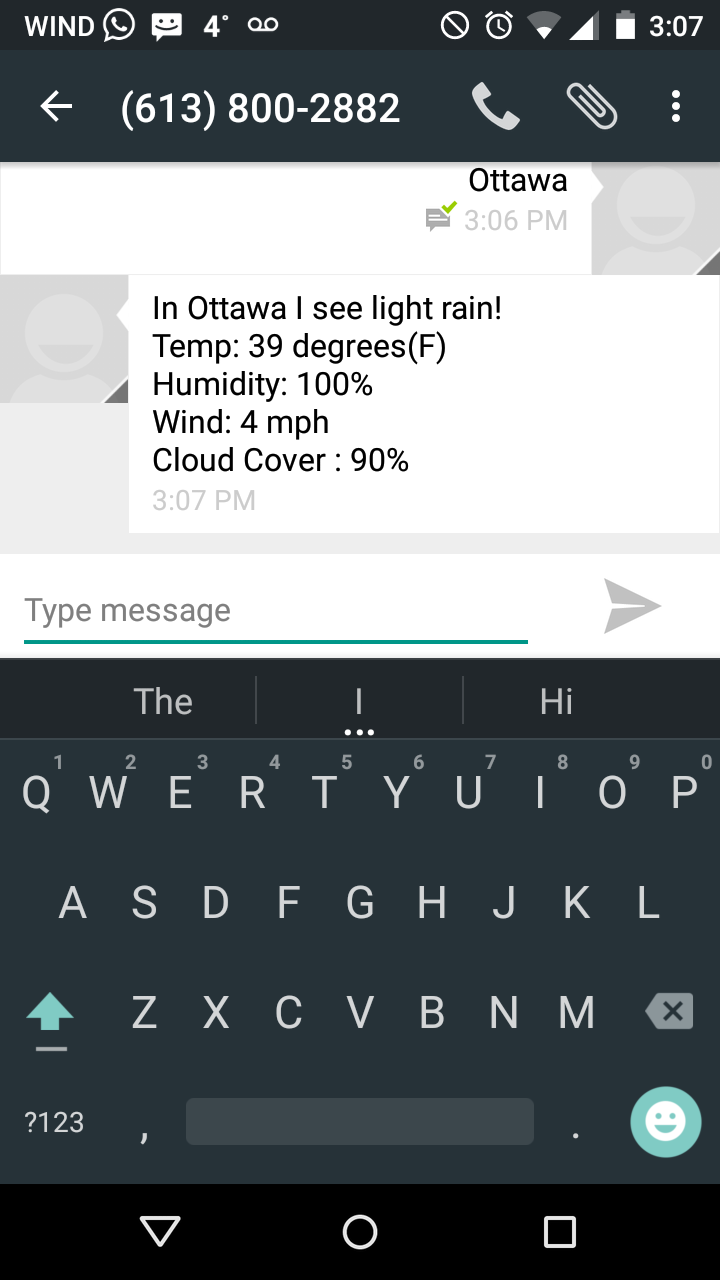 Weather Info via Text screenshot full week