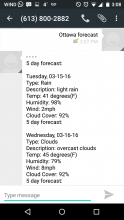 Weather Info via Text screenshot one day